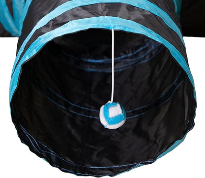 Cat Tunnel, 3 Way Cat Tunnels for Indoor Cats, Foldable Cat Tubes and Tunnels for Cats Kittens, Kitty Bored Peek Hole Toy Ball Cat, Puppy, Kitty, Kitten, Rabbit, Guinea Pigs (Blue &amp; Black)