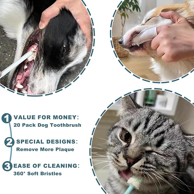 Dog Toothbrush Kit, 360-Degree Finger Three-Sided Design, Replaceable Tooth Brush Heads,Easy Teeth Cleaning &amp; Dental Care, 20Pack