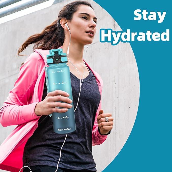 OLDLEY 32 oz Water Bottle, Motivational Water Bottle with Time Marker, Sports Water Bottle With Strap, Leakproof &amp; BPA Free Large Water Bottles for School, Gym, Travel, Outdoor, Tritan,Blue&amp;Gray