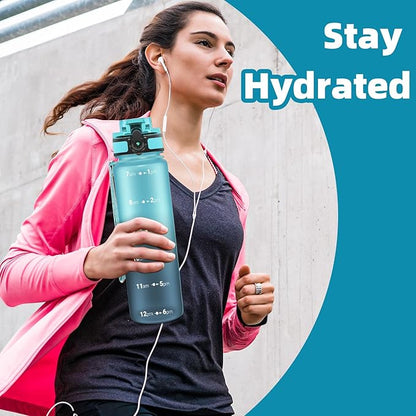 OLDLEY 32 oz Water Bottle, Motivational Water Bottle with Time Marker, Sports Water Bottle With Strap, Leakproof &amp; BPA Free Large Water Bottles for School, Gym, Travel, Outdoor, Tritan,Blue&amp;Gray