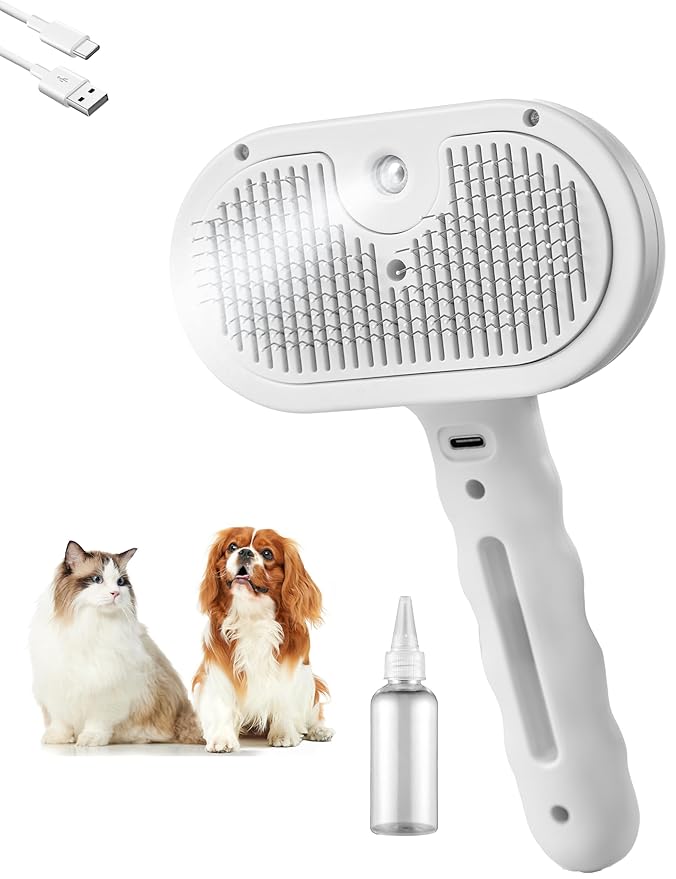 Pet Grooming Steam Brush, Pet Spray Hair Removal Comb, Anti-Static, Rechargeable, Comfortable Grip, for Dogs &amp; Cats, Spray Hair Removal Comb, Steam Brush for Shedding &amp; Grooming, White