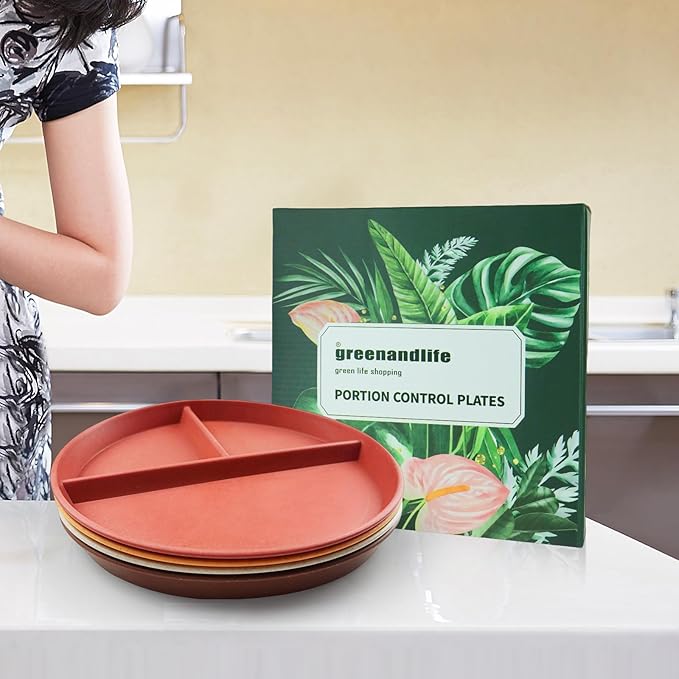 greenandlife 9 Inch 4PCS Unbreakable Portion Control Plates, Divided Plates for Kids Adults, Dishwasher &amp; Microwave Safe Compartment Plate, Lightweight Reusable Wheat Straw Plate, BPA Free