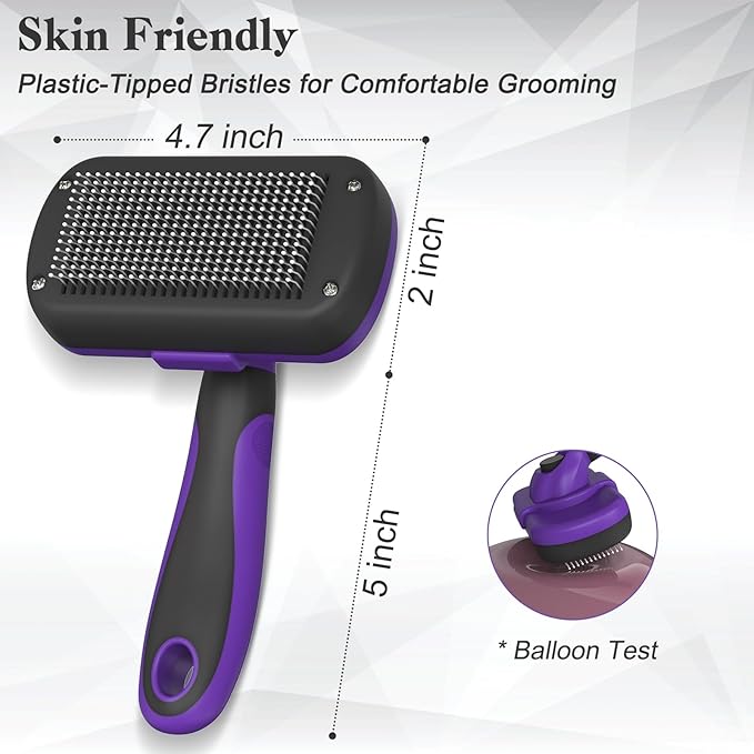Self Cleaning Cat &amp; Dog Grooming Brush - Skin Friendly Deshedding Hair Brush for Haired Dogs &amp; Puppies, Purple