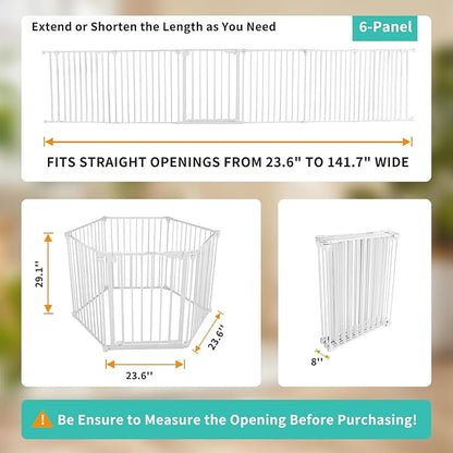 Extra Wide Baby Gate, 30" Tall 142" Wide Configurable Baby Gate Fireplace Safety Fence, Metal Pet Safety Playpen for Toddler/Pet/Dog Christmas Tree Fence (Whtie, (6-Panel))