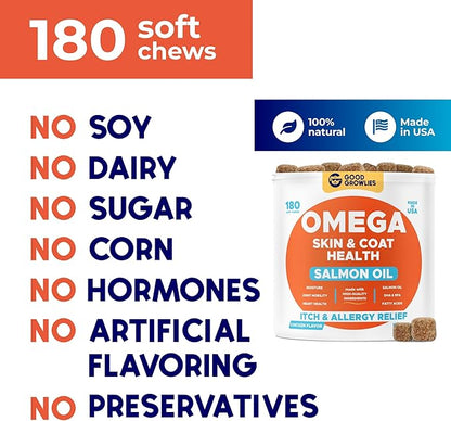 Omega 3 Fish Oil for Dogs Bundle - Skin&amp;Coat Chews - Dry&amp;Itchy Skin Relief + Allergy Support - EPA&amp;DHA Fatty Acids - Natural Salmon Oil Chews Promotes Heart, Hip&amp;Joint Support -360 Chews - Made in USA