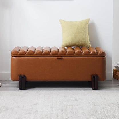 Kmax 45" Storage Bench PU Leather Entryway Bench Upholstered Ottoman Bench with Wavy Top &amp; Safty Hinge for Bedroom Living Room Hallway, Brown