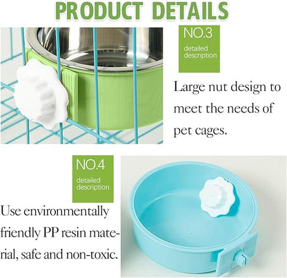 kathson Crate Dog Bowl 2pcs, Removable Stainless Steel Hanging Pet Kennel Cage Bowl Food &amp; Water Feeder Coop Cup for Puppy, Cat, Rabbit,Guinea Pigs Large (Blue,Green)