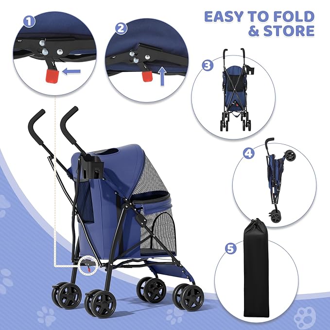Magshion Compact Pet Stroller for Small-Medium Dogs/Cats up to 22lbs, 4-Wheel Lightweight Umbrella Shaped Portable Puppy Travel Jogger with Breathable Mesh, Cup Holder &amp; Rear Storage, Navy Blue