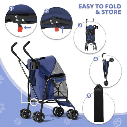Magshion Compact Pet Stroller for Small-Medium Dogs/Cats up to 22lbs, 4-Wheel Lightweight Umbrella Shaped Portable Puppy Travel Jogger with Breathable Mesh, Cup Holder &amp; Rear Storage, Navy Blue