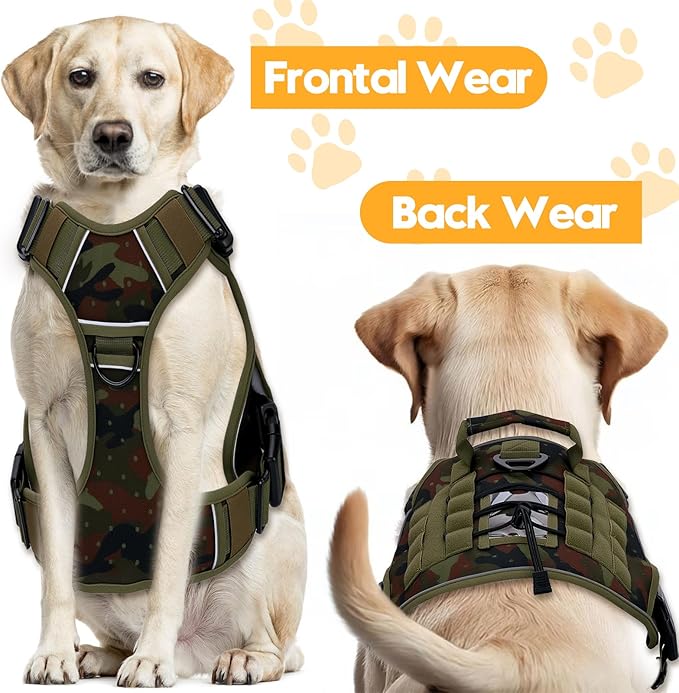 Heavy-Duty Tactical Dog Harness for Large Dogs, No Pull Adjustable Reflective Pet Vest with Molle System, K9 Military-Grade Control for Service Training, Outdoor &amp; 10+ Breeds, Green Camo, XX-Large