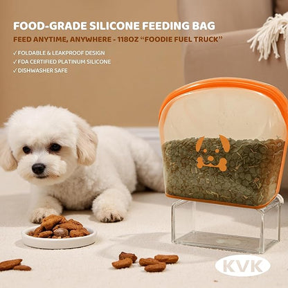 KVK Extra Extra Large Silicone Dog Food Mat 39.4×43.3in and 128oz Silicone Bag Set, Super Size Waterproof Pet Feeding Mat &amp; Container, Non-Slip, Chew-Resistant Floor Protection (Taupe&amp;Orange)