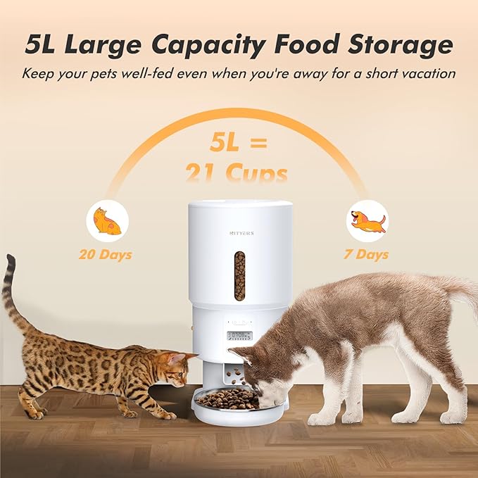 Automatic Cat Feeder - 5L Anti-Clog Cat Food Dispenser with Freshness Preservation, 1-6 Meals/Day, Programmable Portions, 10s Voice, 180-Day Battery Life, Auto Pet Feeder for Multi Cats &amp; Dogs