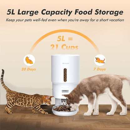 Automatic Cat Feeder - 5L Anti-Clog Cat Food Dispenser with Freshness Preservation, 1-6 Meals/Day, Programmable Portions, 10s Voice, 180-Day Battery Life, Auto Pet Feeder for Multi Cats &amp; Dogs