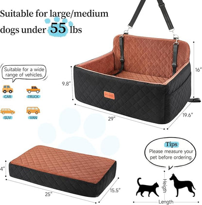 Dog Car Seat for Medium/Large Dogs, Pet Booster Seat for Under 55 lbs or 2 Small Dogs, Detachable &amp; Washable Dog Car Bed for Backseat with 2 Safety Leashes(Black/Brown)