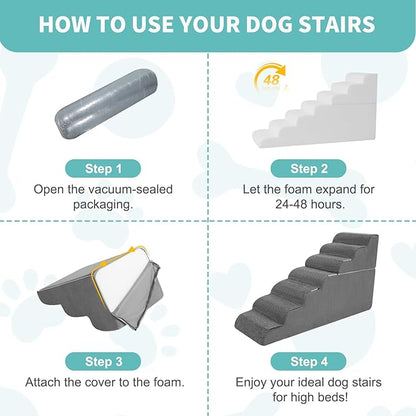 5-Step Dog Stairs for High Bed - 21.3" Adjustable Dog Ramps for Couch, Non-Slip Sturdy Pet Steps for Small Dogs, Washable Cover, Removable Modular Design, Dual 11” &amp; 12.83” Steps for Custom Height