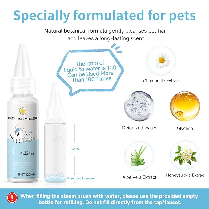 Pet Steam Brush for Dog &amp; Cat - 3-in-1 Steam Grooming Brush for Shedding &amp; Hair Removal - Self Cleaning Spray Comb with Mist for Long Haired Pets - Includes 2*Waterless Shampoo, Blue