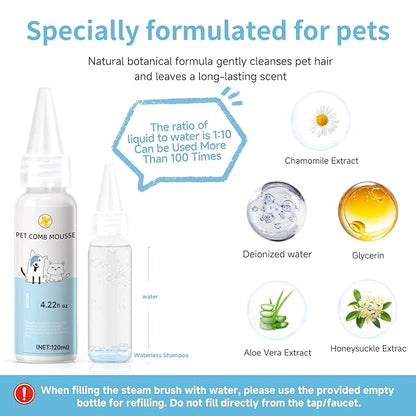 Pet Steam Brush for Dog &amp; Cat - 3-in-1 Steam Grooming Brush for Shedding - Self Cleaning Spray Comb with Mist for Long Haired Pets - Includes Waterless Shampoo &amp; undercoat rake, Blue