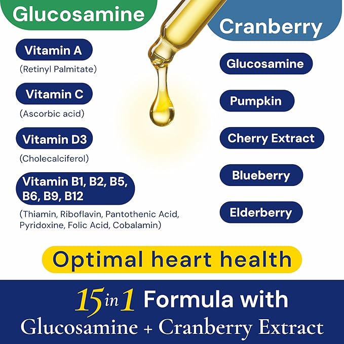 Advanced 15-in-1 Multivitamin for Dogs &amp; Cats - Premium Liquid Supplement with Glucosamine, Vitamin B Complex and Cranberry for Joint, Digestive, Skin, Immune &amp; UTI Support - 2.0 Fl Oz - Made in USA