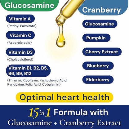 Advanced 15-in-1 Multivitamin for Dogs &amp; Cats - Premium Liquid Supplement with Glucosamine, Vitamin B Complex and Cranberry for Joint, Digestive, Skin, Immune &amp; UTI Support - 2.0 Fl Oz - Made in USA