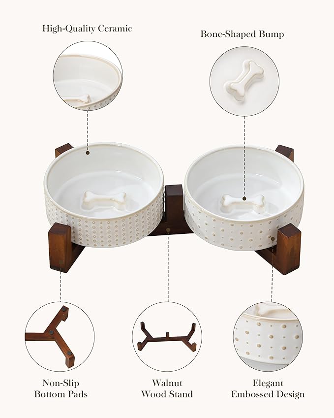 MALACASA Dog Bowl Set with Walnut Wood Stand, 1.5 Cups Ceramic Pet Bowls for Puppy Dogs, Dual Food and Water Bowls with Weighted Non-Slip Base, Basic Bowls for Your Dog or Cat, Rhombic &amp; Polka Dots