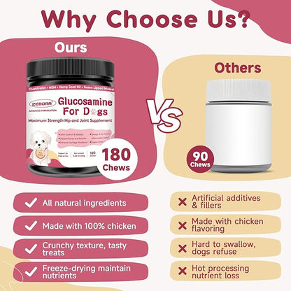 Glucosamine for Dogs - Joint Supplement for Dogs with Chondroitin, MSM, Omega 3, Hemp, Turmeric for Dog Joint Pain Relief, Dog Joint Supplement with Calcium Support Cartilage &amp; Bone Health, 180 Chews