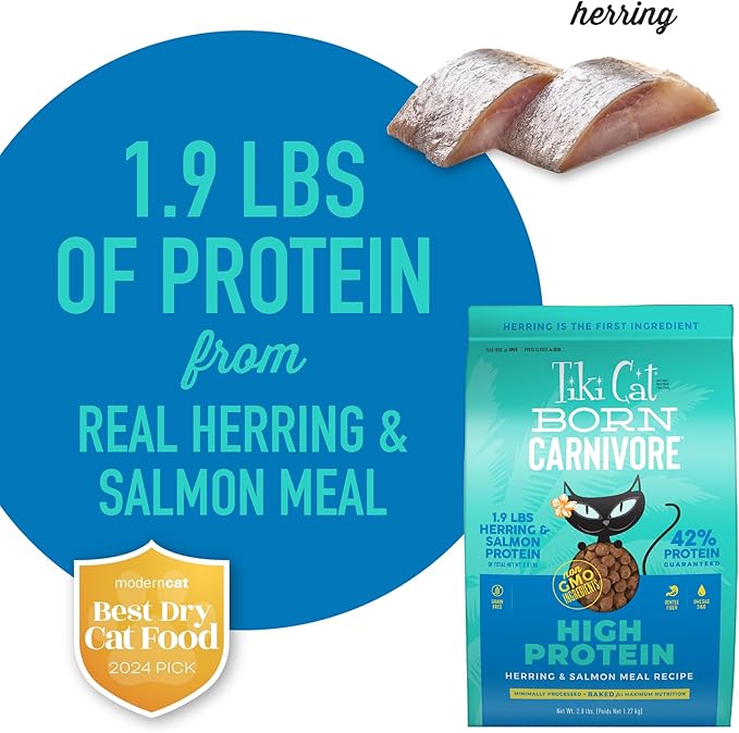 Tiki Cat Born Carnivore High Protein Dry Cat Food, Herring &amp; Salmon Meal, 2.8 lbs. Bag