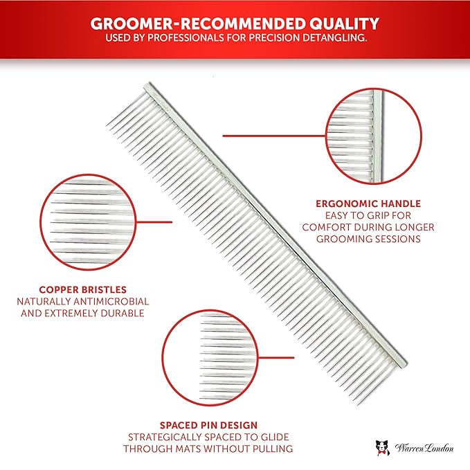 Warren London Cat DeMatter Pro Max | 9" Copper Grooming Comb for Cats | Detangles Mats, Knots &amp; Loose Fur – Gentle, No-Pull Design for Long, Thick, or Tangled Coats | Professional Cat Grooming Tool