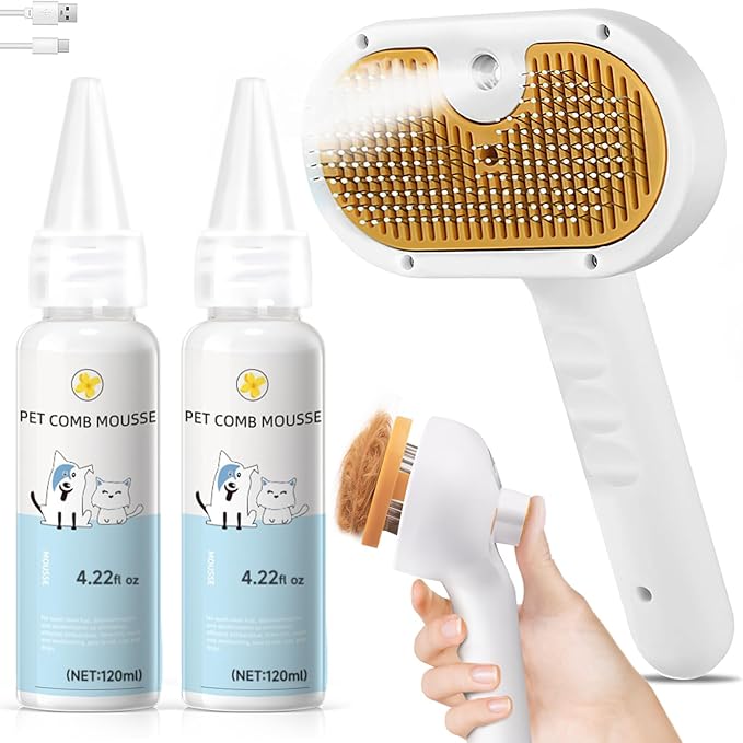 Pet Steam Brush for Dog &amp; Cat – 3-in-1 Spray Hair Removal Comb – Steam for Shedding &amp; Grooming – Water Brush for Long &amp; Short Haired Pets – Spritz Defur Comb – Includes 2*Waterless Shampoo