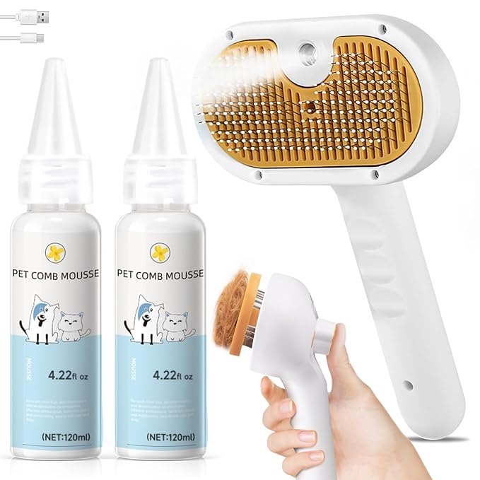 Pet Steam Brush for Dog &amp; Cat – 3-in-1 Spray Hair Removal Comb – Steam for Shedding &amp; Grooming – Water Brush for Long &amp; Short Haired Pets – Spritz Defur Comb