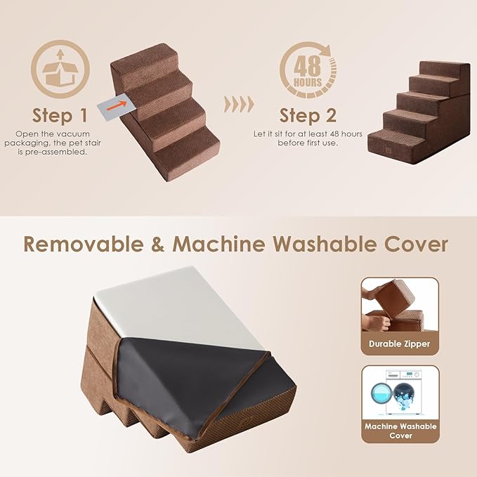 EHEYCIGA Dog Stairs for High Bed 22.5" H, 5-Step Dog Steps for Bed, Pet Steps for Small Dogs and Cats, Non-Slip Balanced Pet Ramp Indoor, Brown
