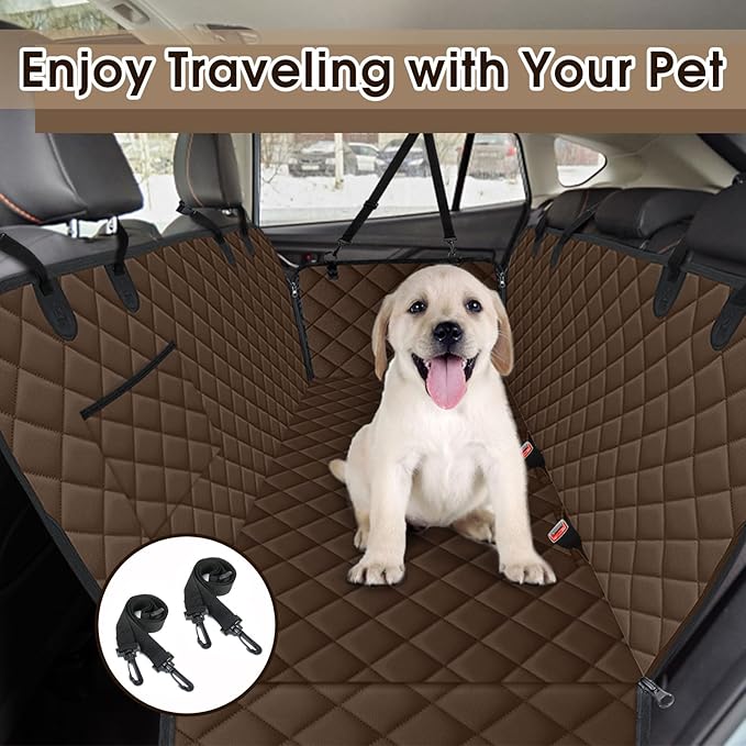 Waterproof Dog Car Seat Cover for Back Seat - Durable, Scratch Proof Pet Hammock with Nonslip Design &amp; Storage Pockets, Fits Cars, SUVs, Trucks - L, Coffee/Black