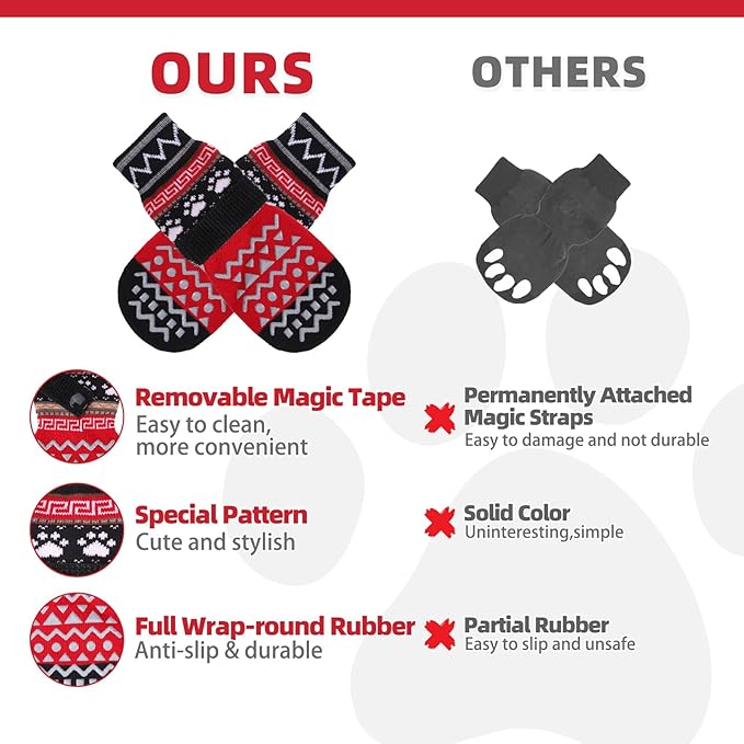 KOOLTAIL Dog Socks to Prevent Licking Paws for Hardwood Floors Anti Slip, Winter Warm Pet Boots&amp;Paw Protector with Grippers, Double Sides Dog Shoes Booties for Small Medium Large Senior Dogs Red S