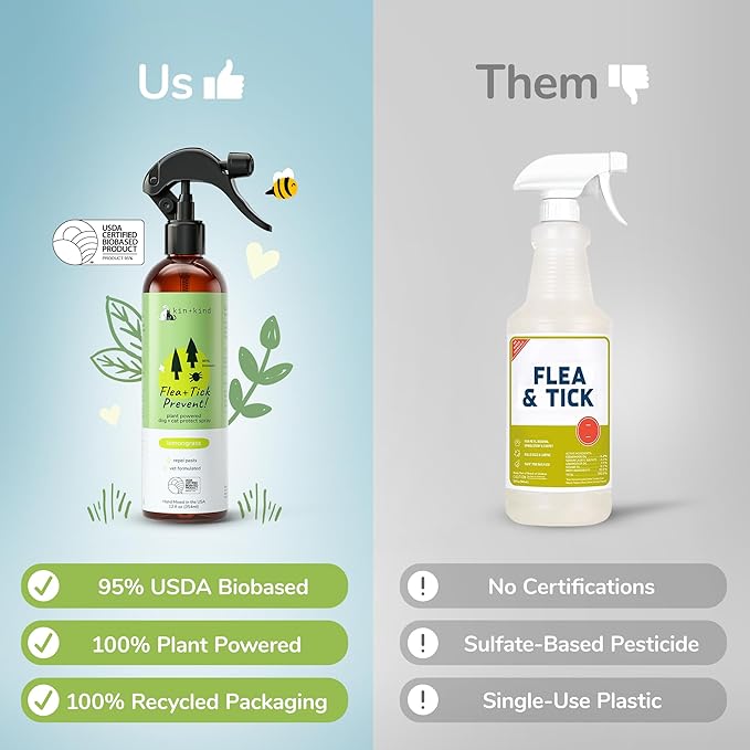 kin+kind Plant-Based Flea &amp; Tick Spray for Dogs and Cats with Lemongrass - Essential for Flea &amp; Tick Treatment - Flea Spray for Dogs and Cats - Pet Supplies 12 fl oz