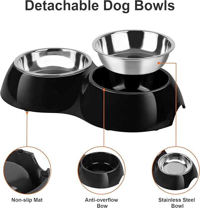 Stainless Steel Dog Bowls Set – Dual Non-Slip Pet Dishes with 2 Small (1 Cup*2) Bowls &amp; Durable Resin Stand – Food &amp; Water Feeder for Puppies, Cats, and Medium Dogs – Black