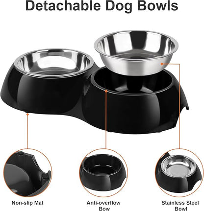 Stainless Steel Dog Bowls Set – Dual Non-Slip Pet Dishes with 2 Small (1 Cup*2) Bowls &amp; Durable Resin Stand – Food &amp; Water Feeder for Puppies, Cats, and Medium Dogs – Black