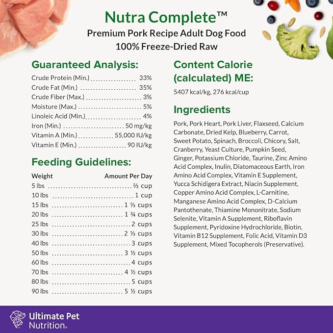 ULTIMATE PET NUTRITION Nutra Complete Freeze Dried Raw Dog Food, Veterinarian Formulated with Antioxidants, Prebiotics &amp; Amino Acids (3 Pound, Pork)