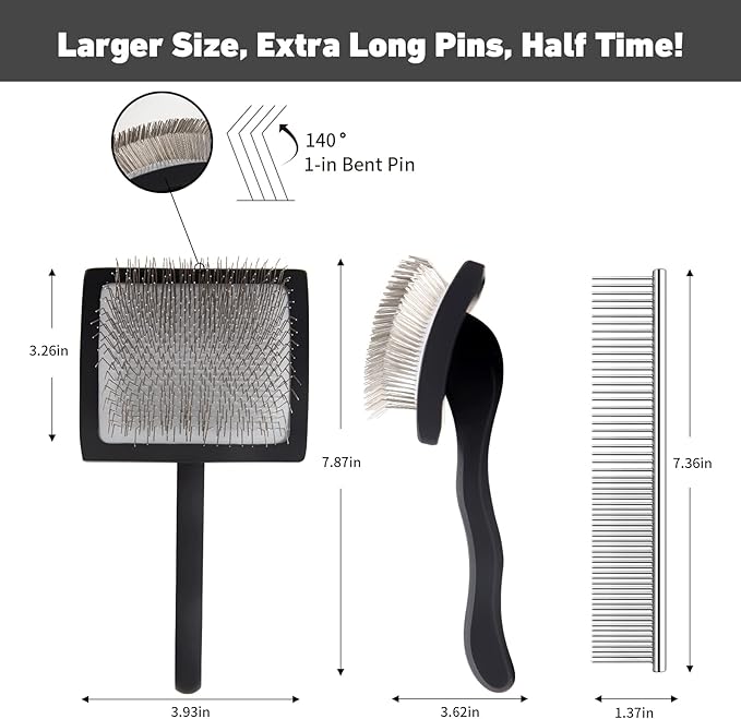 Dog Slicker Brush for Shedding and Grooming Medium or Long Haired Cats, Extra Long &amp; Soft Pin Slicker Brush for Removes Loose Hair, Tangles, Knots, Undercoat, Free Pet Comb, Large Black