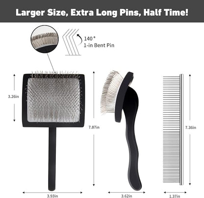 Dog Slicker Brush for Shedding and Grooming Medium or Long Haired Cats, Extra Long &amp; Soft Pin Slicker Brush for Removes Loose Hair, Tangles, Knots, Undercoat, Free Pet Comb, Large Black