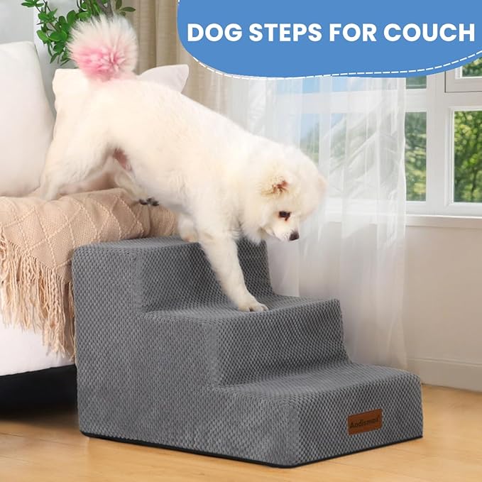 Dog Stairs for Small Dogs &amp; Cats, 3-Step Non-Slip Pet Steps for Couch Sofa and Chair, Grey, 13.6" H
