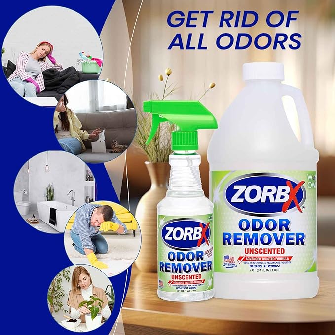 ZORBX Unscented Odor Eliminator for Strong Odor 16 Oz + 64 Oz - Used in Hospitals &amp; Healthcare Facilities - Advanced Trusted Formula, Fast-Acting Odor Remover Spray for Dog, Cat, House &amp; Carpet