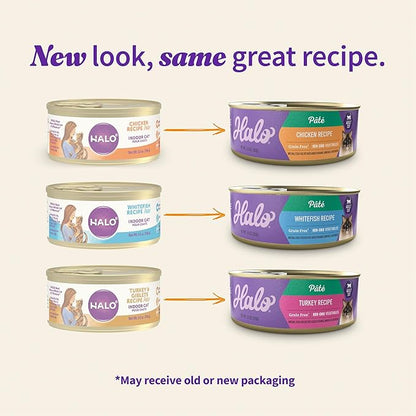 Halo Wet Cat Food Variety Pack, Three Canned Wet Cat Pate, Chicken, Turkey &amp; Whitefish, 5.5 Oz Can (Pack of 12)