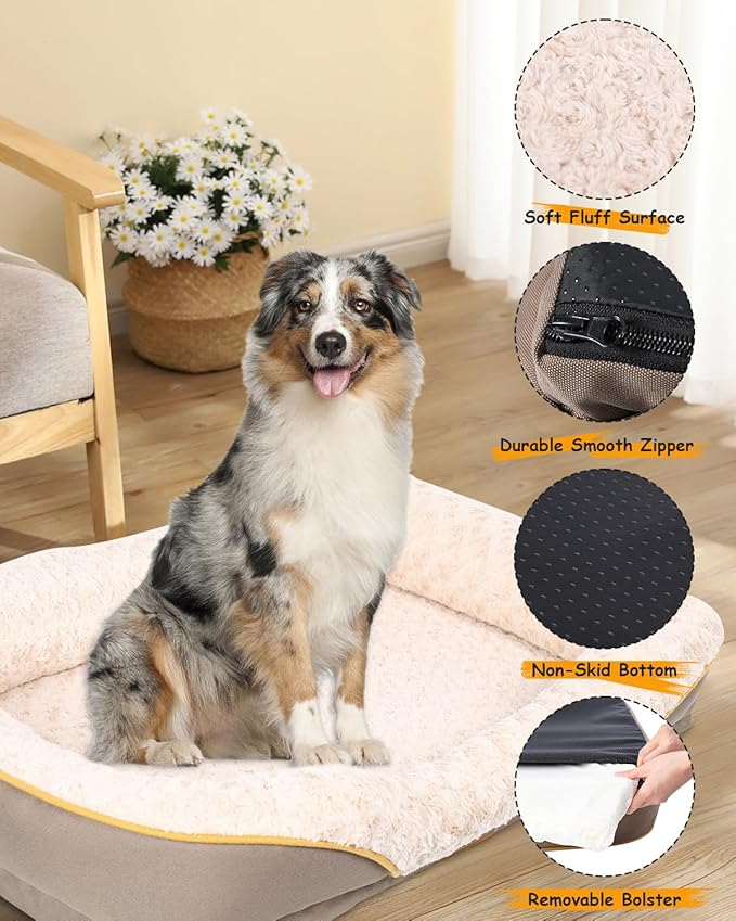 Washable Orthopedic Dog Bed for Large Dogs, Waterproof Dog Bed with Bolster, Big Couch Sofa Dogs Beds with Removable Cover &amp; Non-Slip Bottom