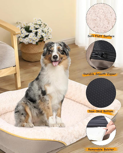 Washable Orthopedic Dog Bed for Large Dogs, Waterproof Dog Bed with Bolster, Big Couch Sofa Dogs Beds with Removable Cover &amp; Non-Slip Bottom