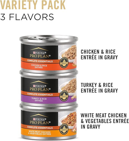 Purina Pro Plan Gravy, High Protein Wet Cat Food Variety Pack, Complete Essentials Chicken and Turkey Favorites - (Pack of 24) 3 oz. Cans