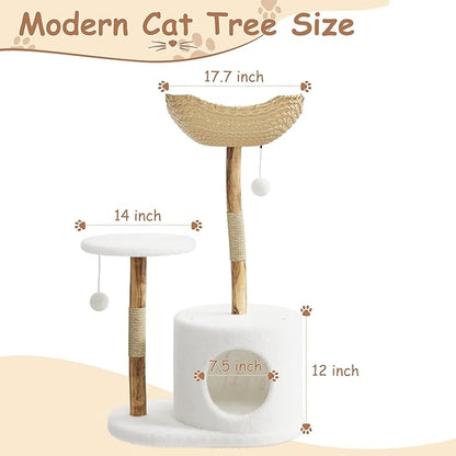 Modern Wood Cat Tree Tower for Large Cats | Luxury Solid Pear Wood Condo with Platforms, Scratching Posts &amp; All-Season Mats, 43" Aesthetic Cat Furniture, 1 Branch