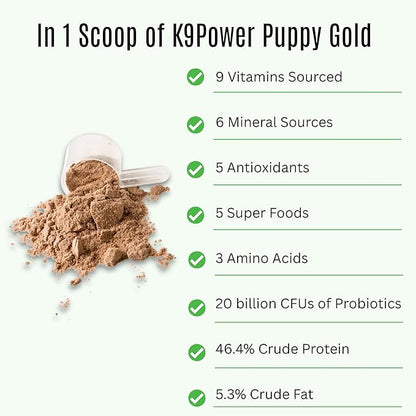 K9 Power Puppy Gold 1 lb - Supplement for Growing Puppies &amp; Nursing Mothers - Essential Nutrients for Healthy Growth &amp; Development - 45 Scoops