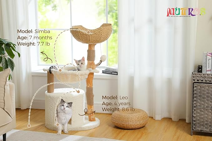 Modern Cat Tree for Large Cats, Wood Cat Tower for Indoor Cats, Real Branch Luxury Cat Furniture with Super Large Cozy Condo and Hammock &amp; Scratching Post, Top Basket, White