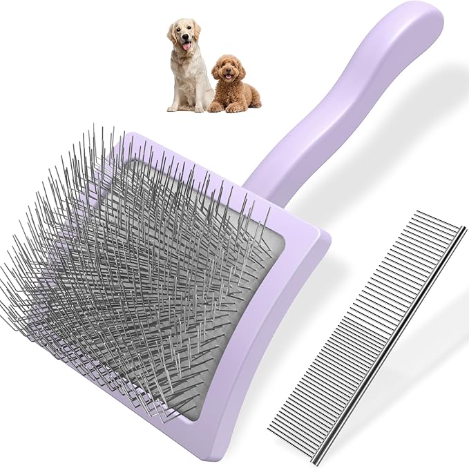 2PCS Slicker Brush for Dogs &amp; Pet Comb,Professional Dog Grooming Brush (Goldendoodles,Poodles,Labradoodles) with Extra Long Pins to Effectively Remove Tangles, Knots and Mats (Light Purple)