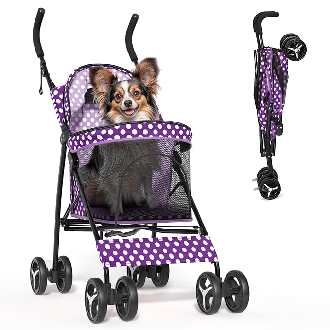 Magshion Compact Pet Stroller for Small-Medium Dogs/Cats up to 22lbs, 4-Wheel Lightweight Umbrella Shaped Portable Puppy Travel Jogger with Breathable Mesh &amp; Rear Storage, Purple Polka Dots