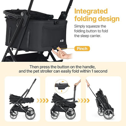 X3 2 in 1 Pet Stroller for Medium or Two Small Dogs &amp; Cats 4 Wheels Lightweight Foldable Carrier Dog Stroller with Waterproof Weather Cover Cup Holder,Storage Basket(Black)